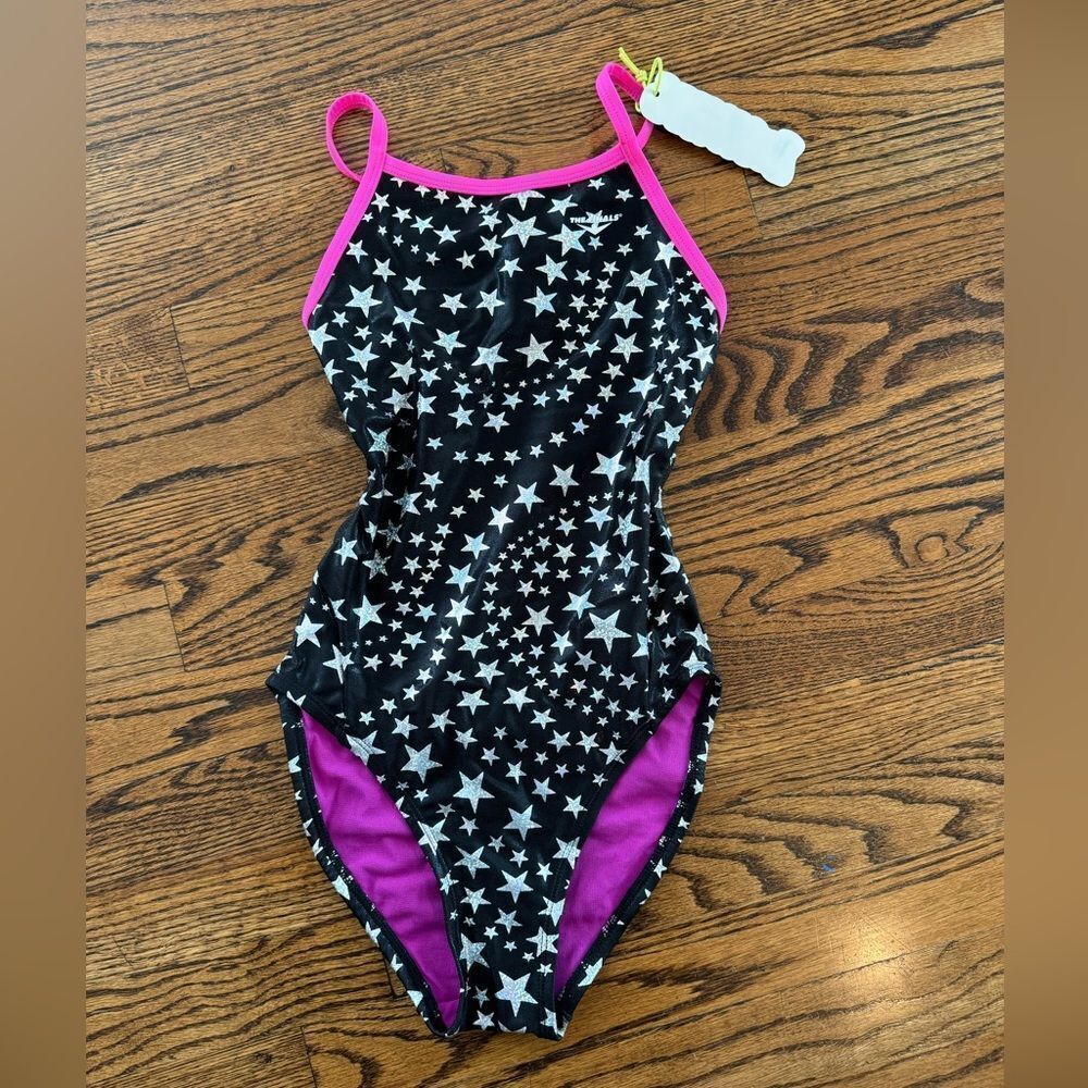 NWT New THE FINALS Athletic Racing Swimsuit Black Hot Pink Silver Stars 30 4